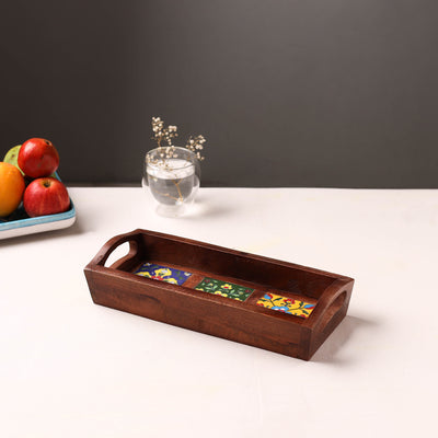 Handcrafted Blue Pottery Wooden Serving Tray (12 x 5 in) 43