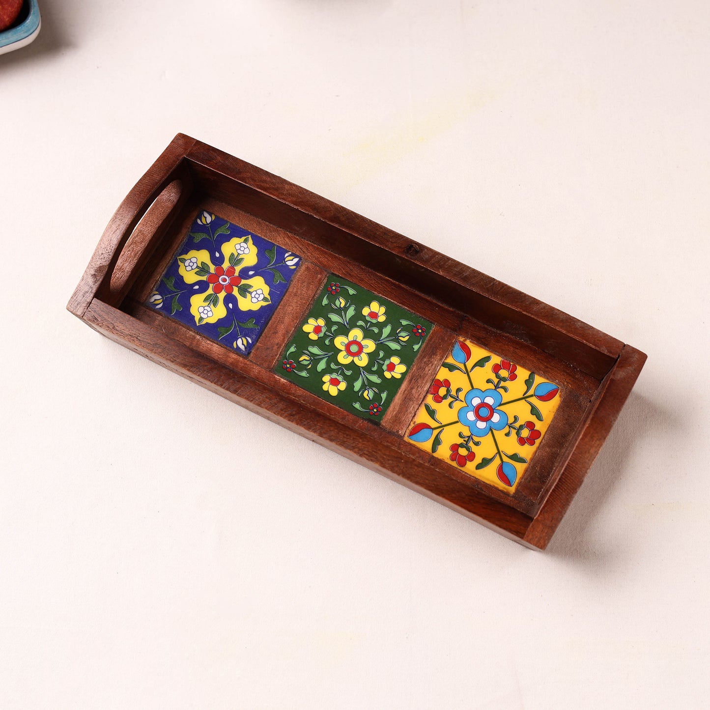 Handcrafted Blue Pottery Wooden Serving Tray (12 x 5 in) 43