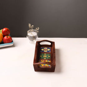 Handcrafted Blue Pottery Wooden Serving Tray (12 x 5 in) 43
