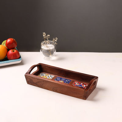 Handcrafted Blue Pottery Wooden Serving Tray (12 x 5 in) 44