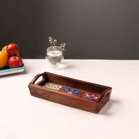 Handcrafted Blue Pottery Wooden Serving Tray (12 x 5 in) 44