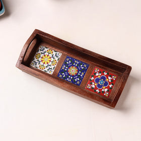 Handcrafted Blue Pottery Wooden Serving Tray (12 x 5 in) 44