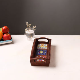 Handcrafted Blue Pottery Wooden Serving Tray (12 x 5 in) 44