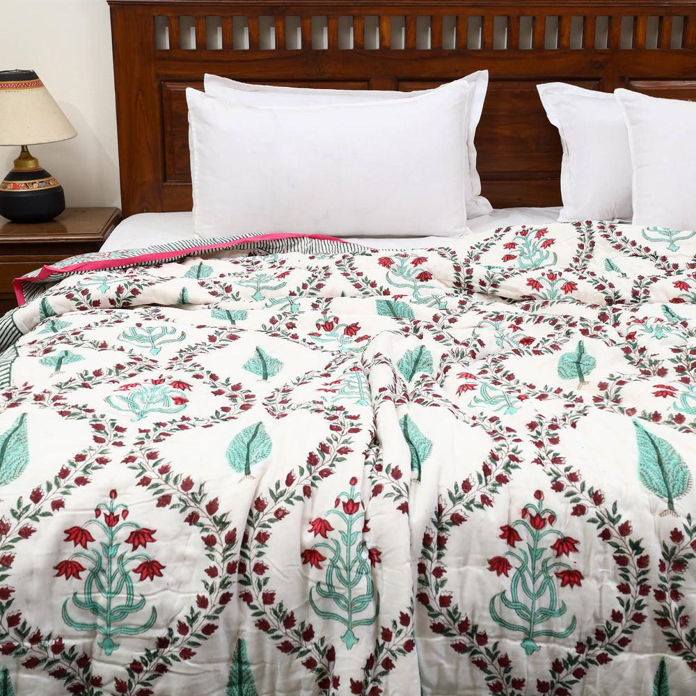 White - Sanganeri Reversible Double Soft Cotton Quilt/Blanket 24