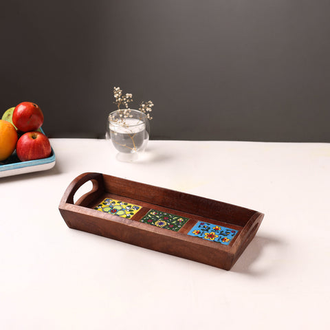 Handcrafted Blue Pottery Wooden Serving Tray (12 x 5 in) 45