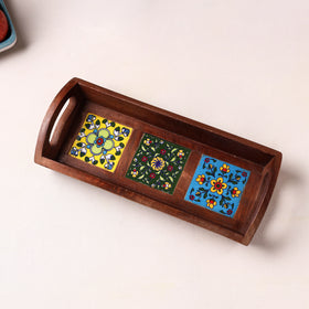 Handcrafted Blue Pottery Wooden Serving Tray (12 x 5 in) 45