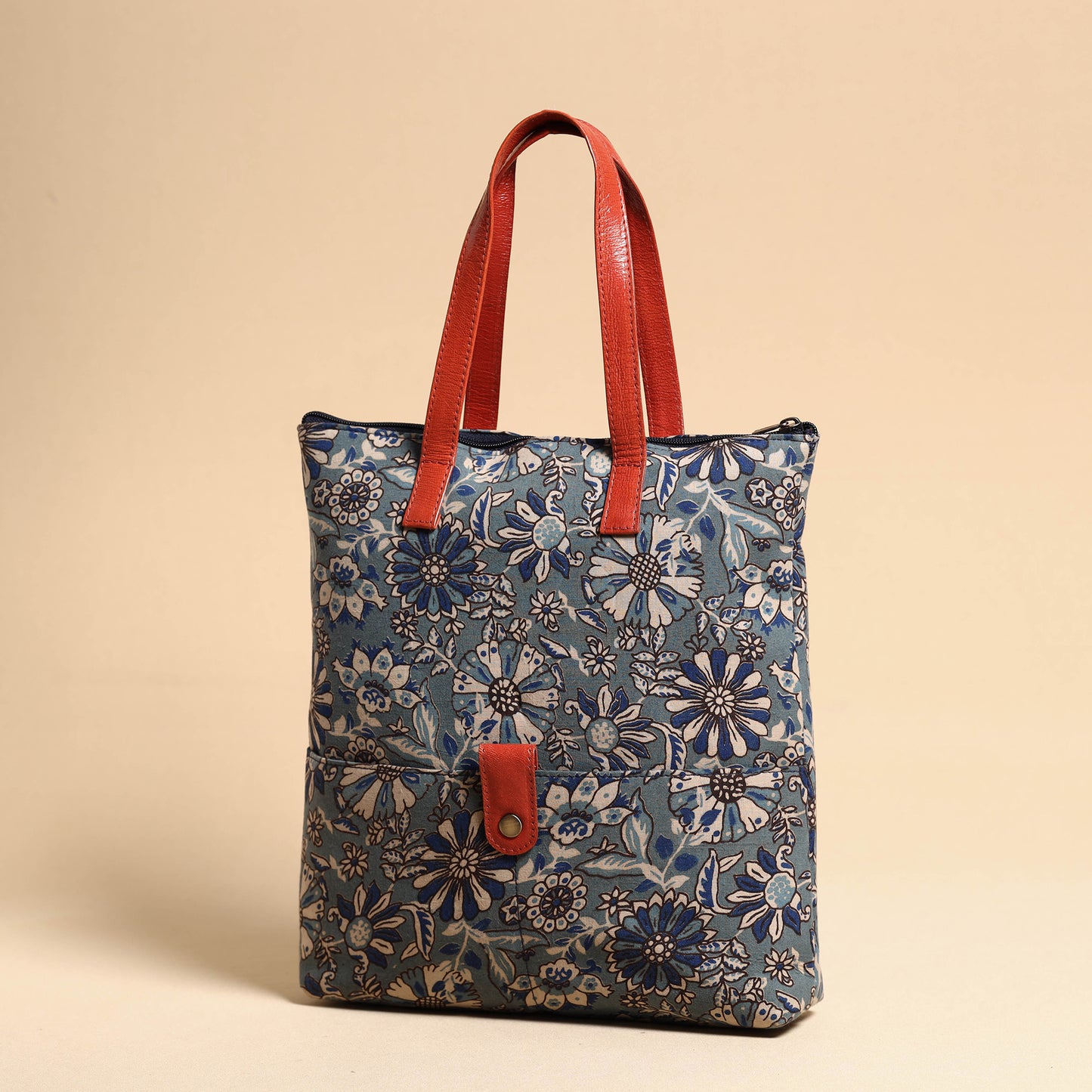 Handcrafted Kalamkari Block Printed Hand Bag with Leather Handle