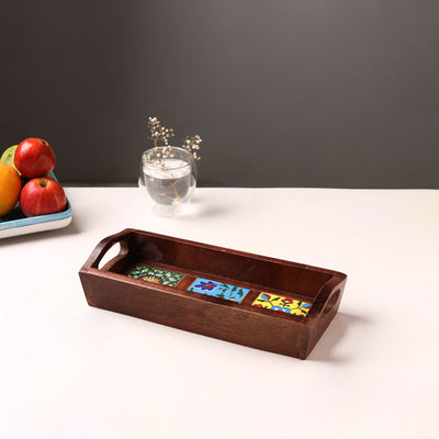 Handcrafted Blue Pottery Wooden Serving Tray (12 x 5 in) 46