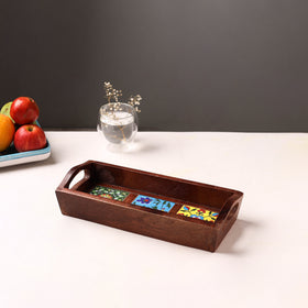 Handcrafted Blue Pottery Wooden Serving Tray (12 x 5 in) 46