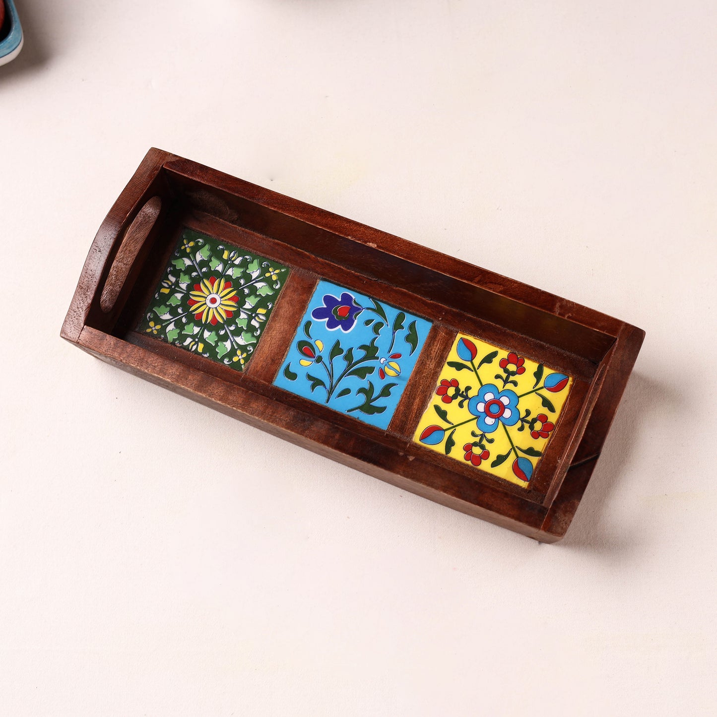Handcrafted Blue Pottery Wooden Serving Tray (12 x 5 in) 46
