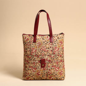 Multicolor Handcrafted Kalamkari Block Printed Hand Bag with Leather Handle
