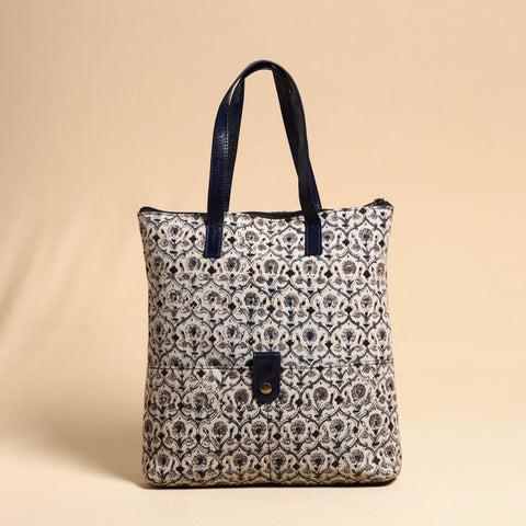 Beige - Handcrafted Kalamkari Block Printed Hand Bag with Leather Handle