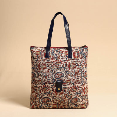 Handcrafted Kalamkari Block Printed Hand Bag with Leather Handle