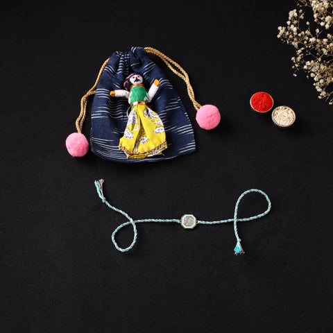 Handcrafted Kundan Rakhi for Brother with Potli 06