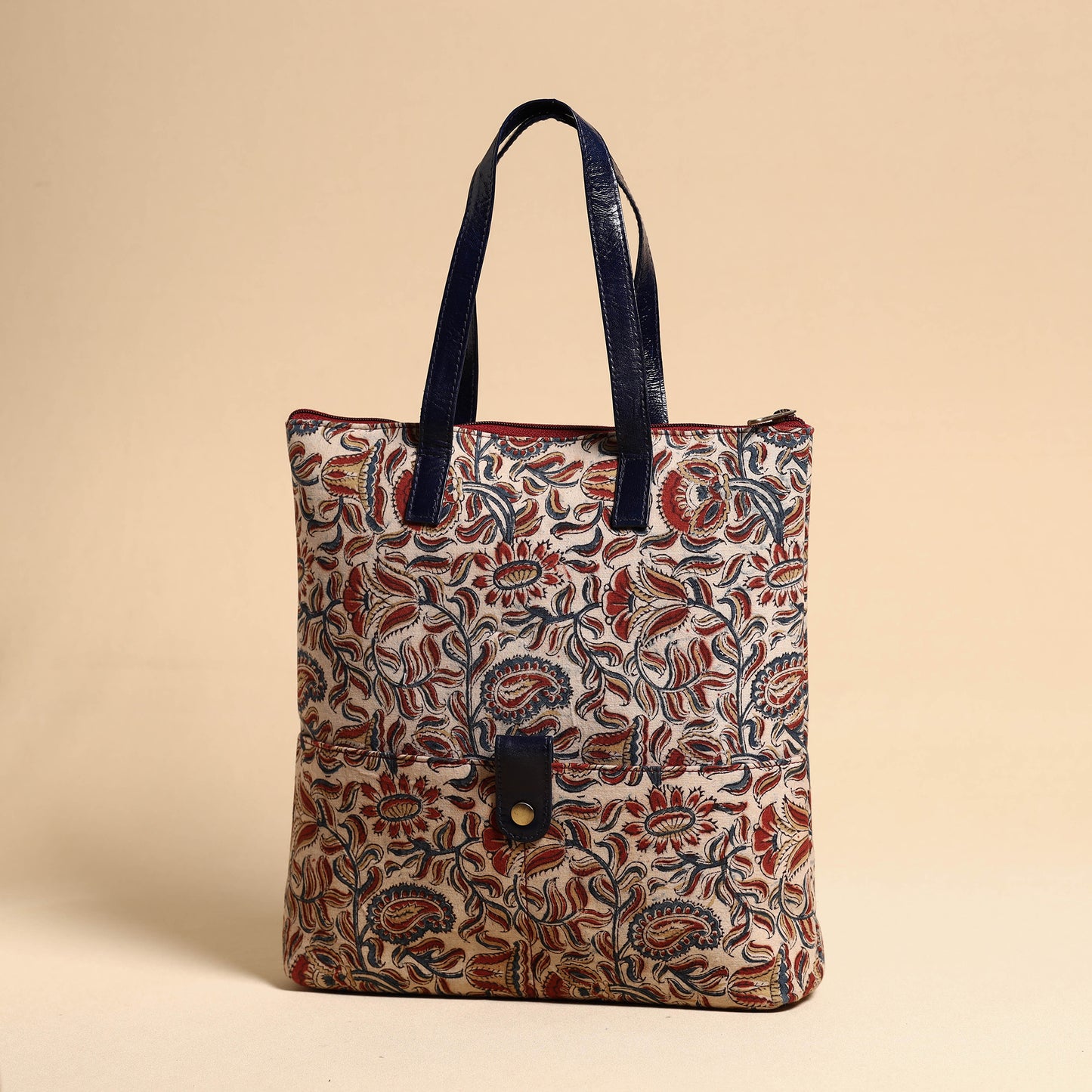 Handcrafted Kalamkari Block Printed Hand Bag with Leather Handle