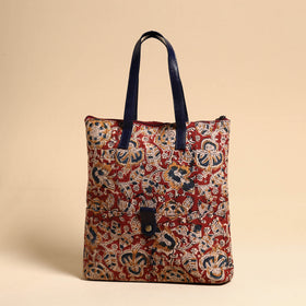 Red Handcrafted Kalamkari Block Printed Hand Bag with Leather Handle