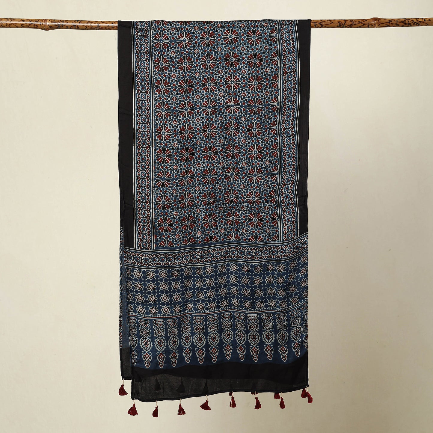 Black - Ajrakh Block Printed Modal Silk Stole with Tassels