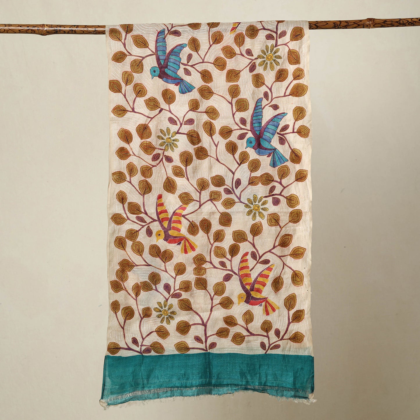 Bengal Kantha Hand Embroidery Handpainted Tussar Silk Handloom Stole