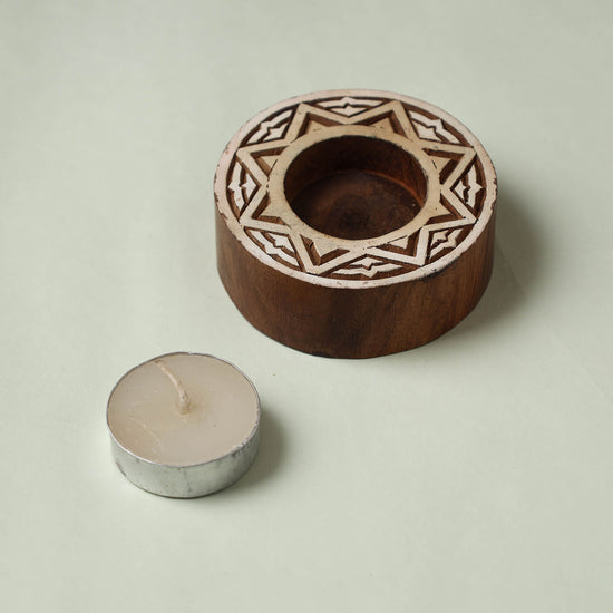 Hand Carved Sheesham Wood Block Tealight Candle Holder 88