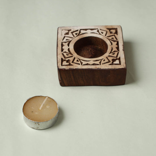 Hand Carved Sheesham Wood Block Tealight Candle Holder 90