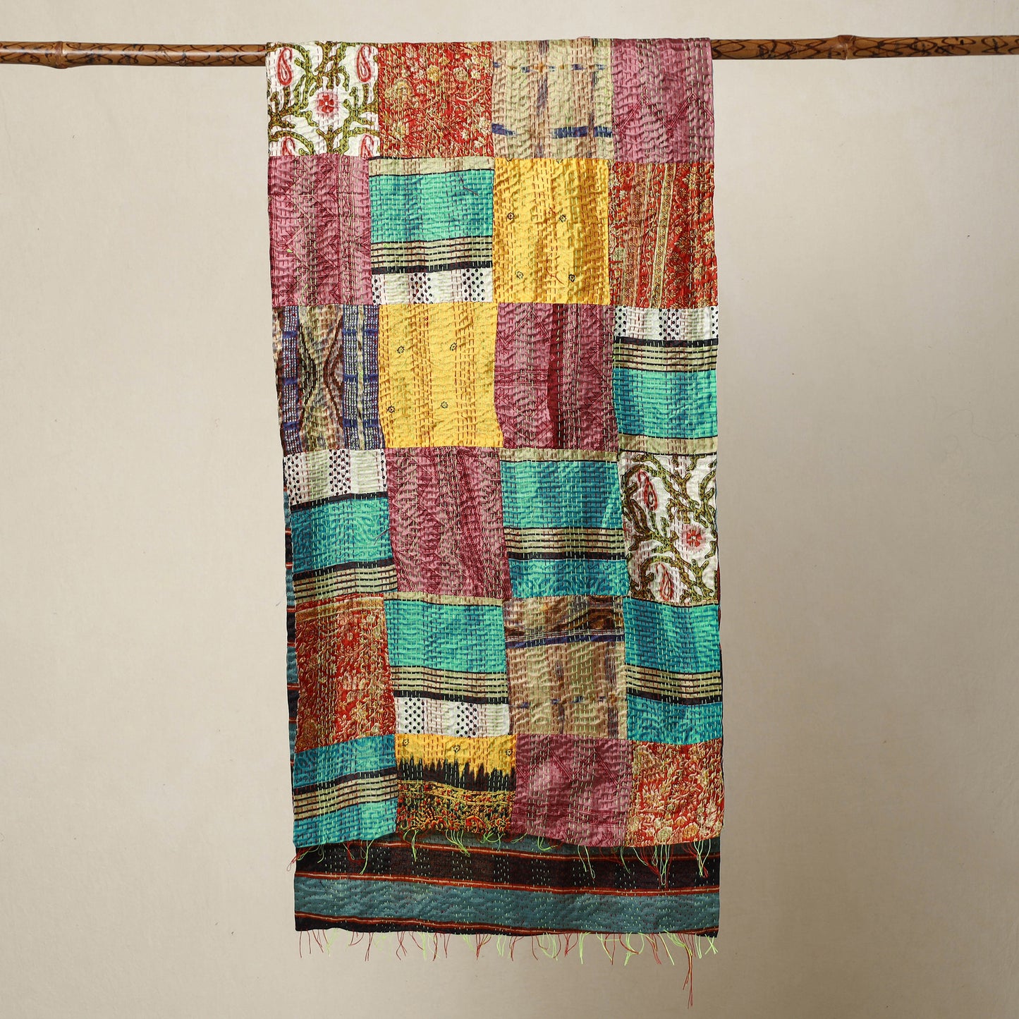 Multicolor - Bengal Kantha Embroidery Patchwork Reversible Silk Stole 47