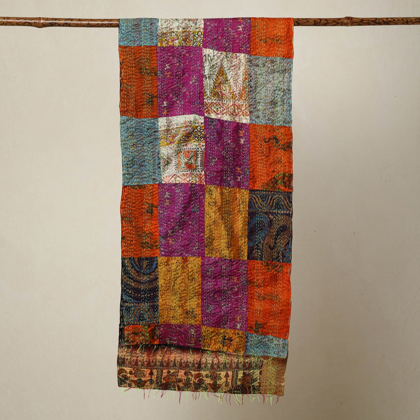 Multicolor - Bengal Kantha Embroidery Patchwork Reversible Silk Stole 44