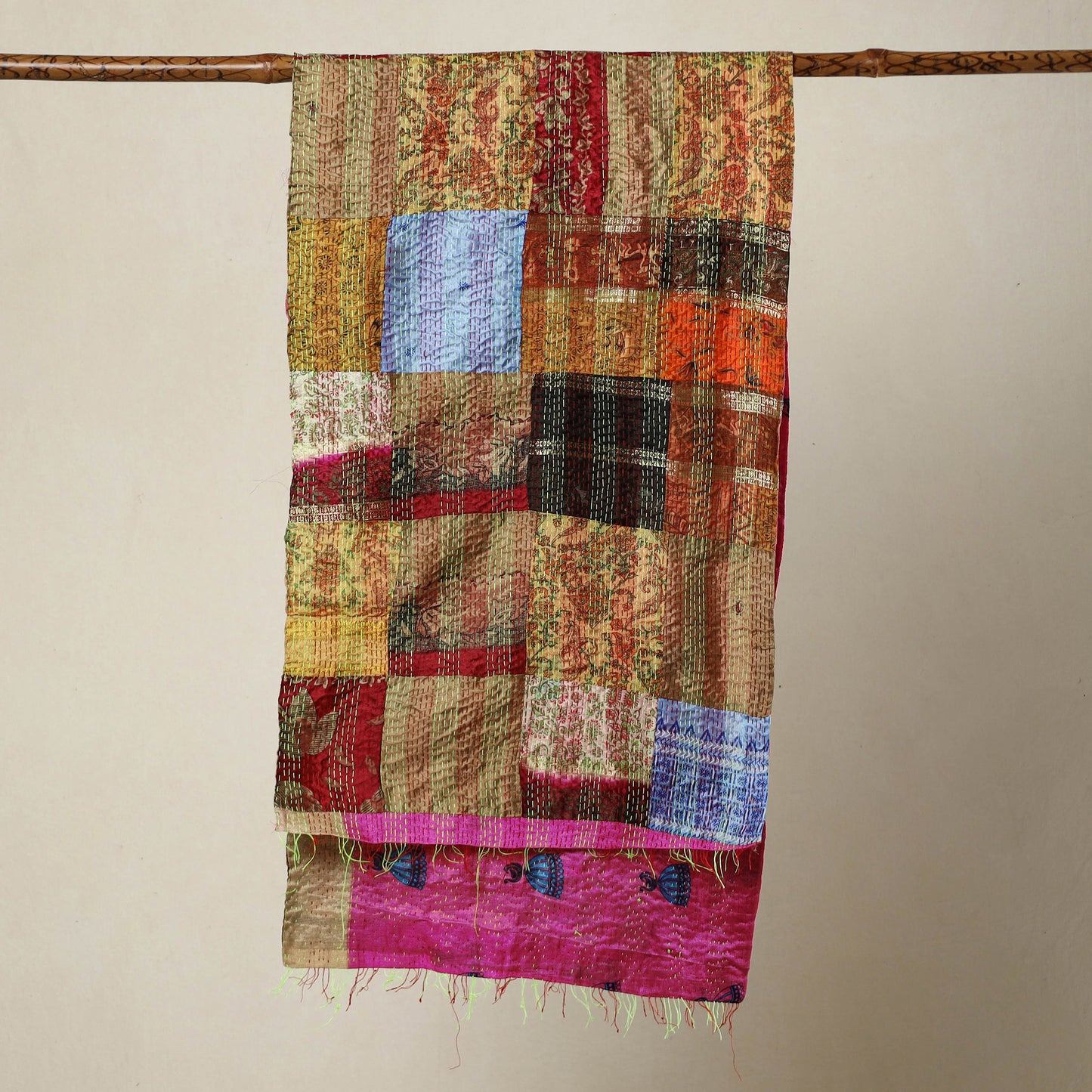 Multicolor - Bengal Kantha Embroidery Patchwork Reversible Silk Stole 41