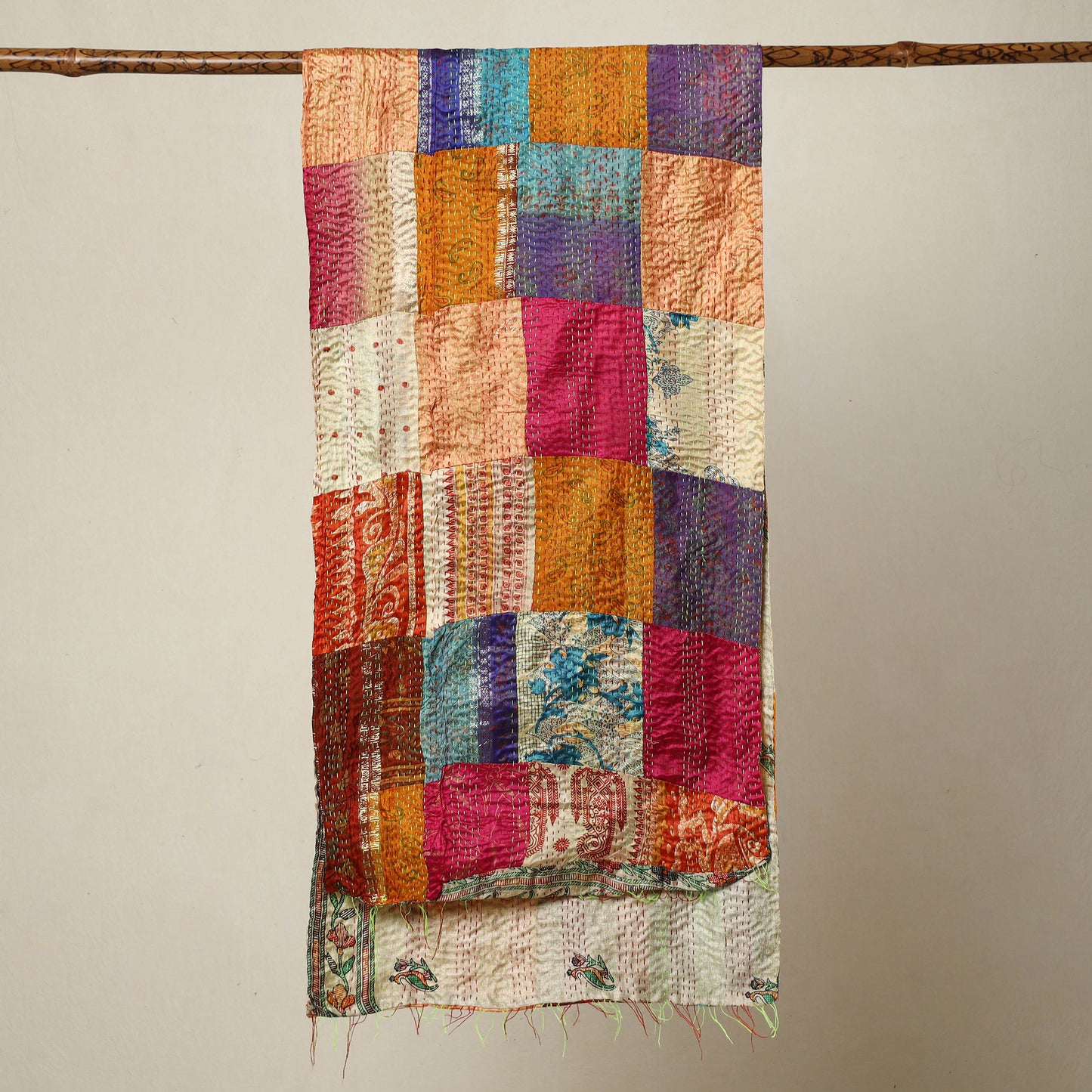 Multicolor - Bengal Kantha Embroidery Patchwork Reversible Silk Stole 36