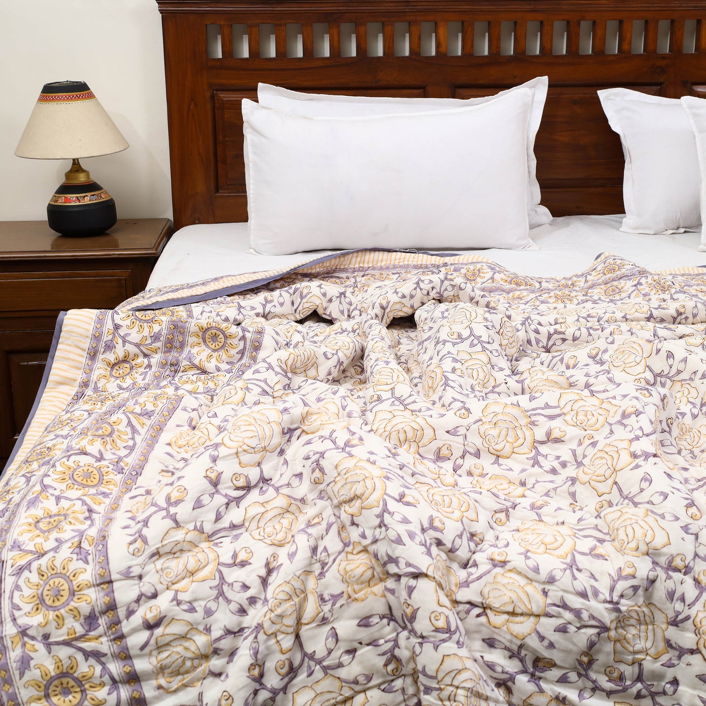 Beige - Sanganeri Reversible Double Soft Cotton Quilt/Blanket 38