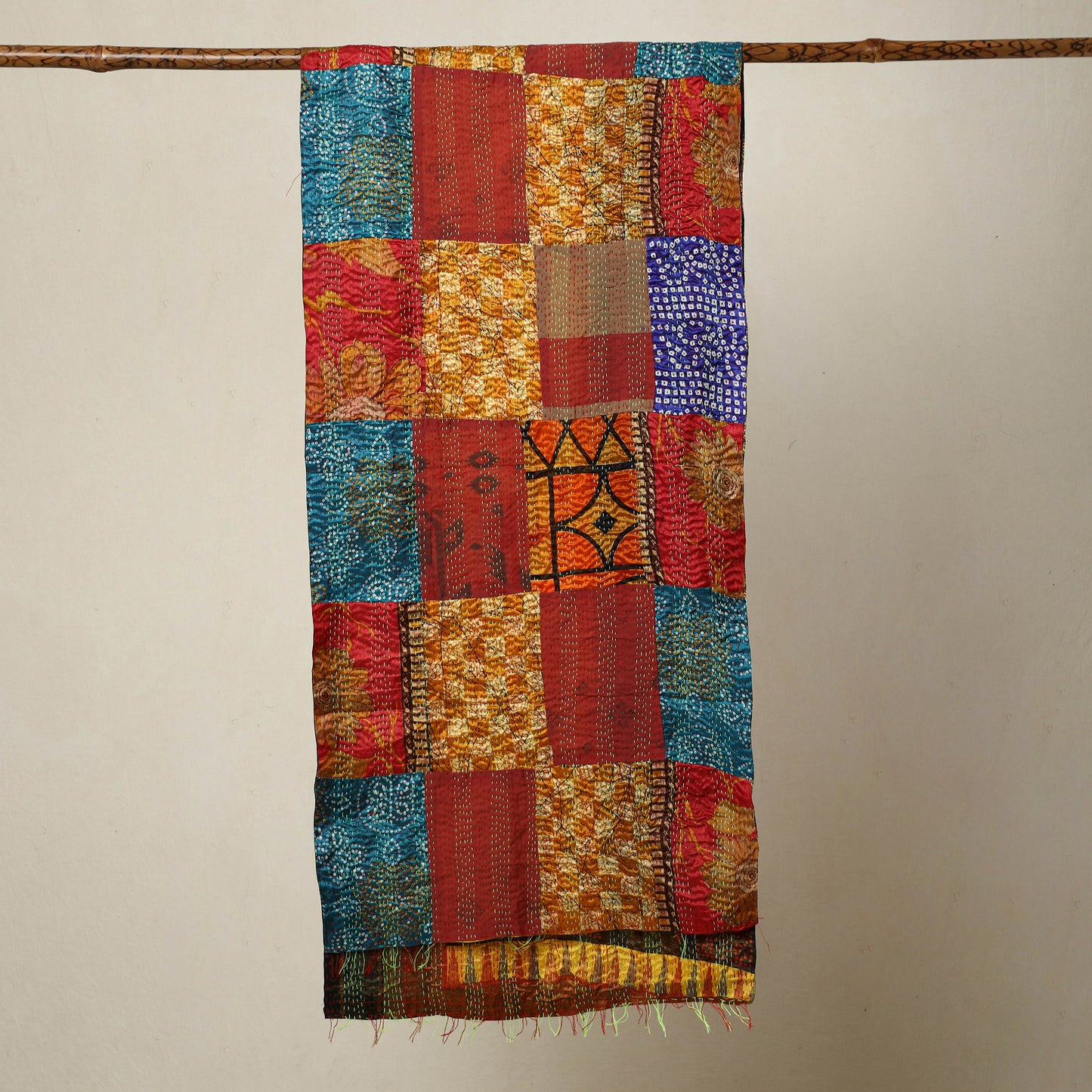 Multicolor - Bengal Kantha Embroidery Patchwork Reversible Silk Stole 31