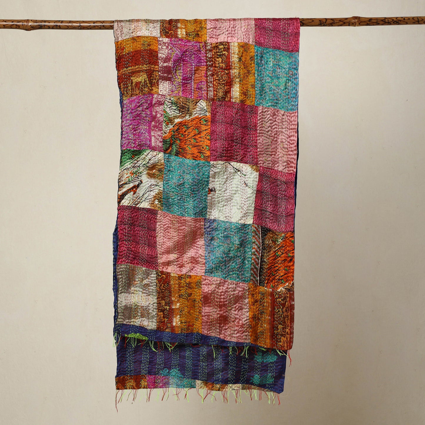 Multicolor - Bengal Kantha Embroidery Patchwork Reversible Silk Stole 24