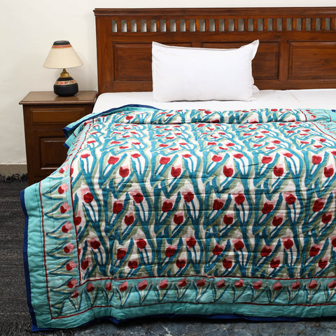 Green - Sanganeri Reversible Single Soft Cotton Quilt/Blanket 04