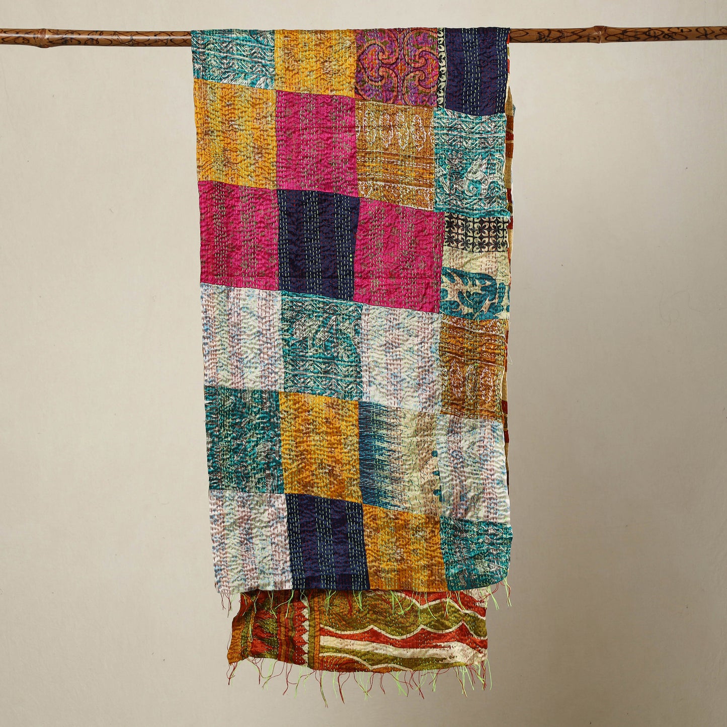 Multicolor - Bengal Kantha Embroidery Patchwork Reversible Silk Stole 13