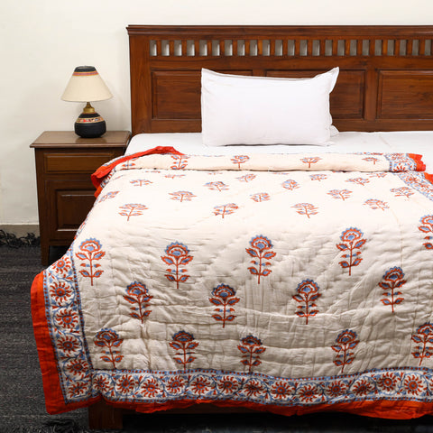 Beige - Sanganeri Reversible Single Soft Cotton Quilt/Blanket 05