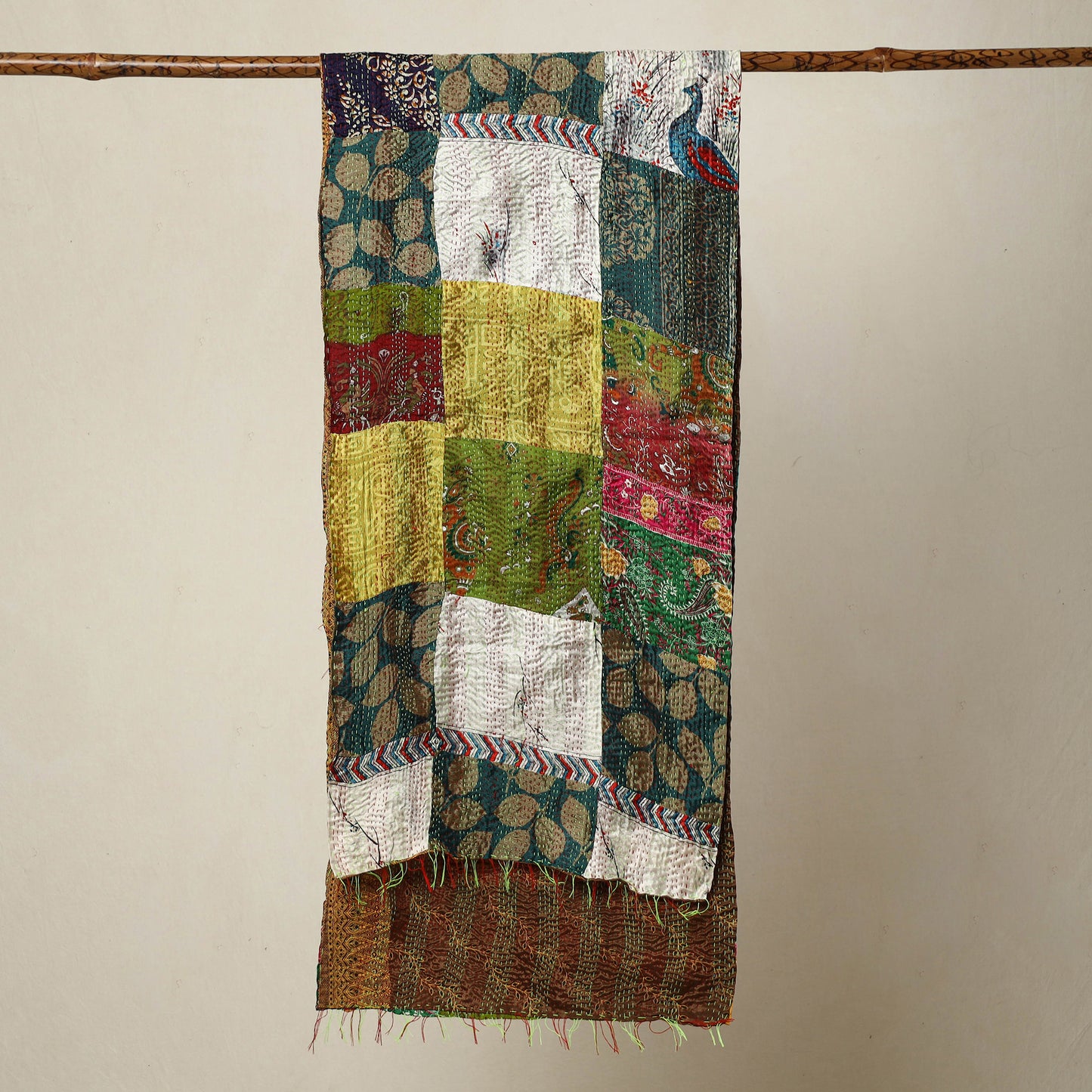 Multicolor - Bengal Kantha Embroidery Patchwork Reversible Silk Stole 07