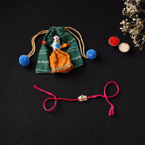 Handcrafted Meenakari Kundan Rakhi for Brother with Potli 36