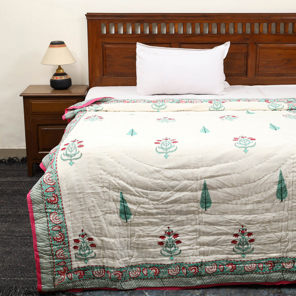 White - Sanganeri Reversible Single Soft Cotton Quilt/Blanket 09