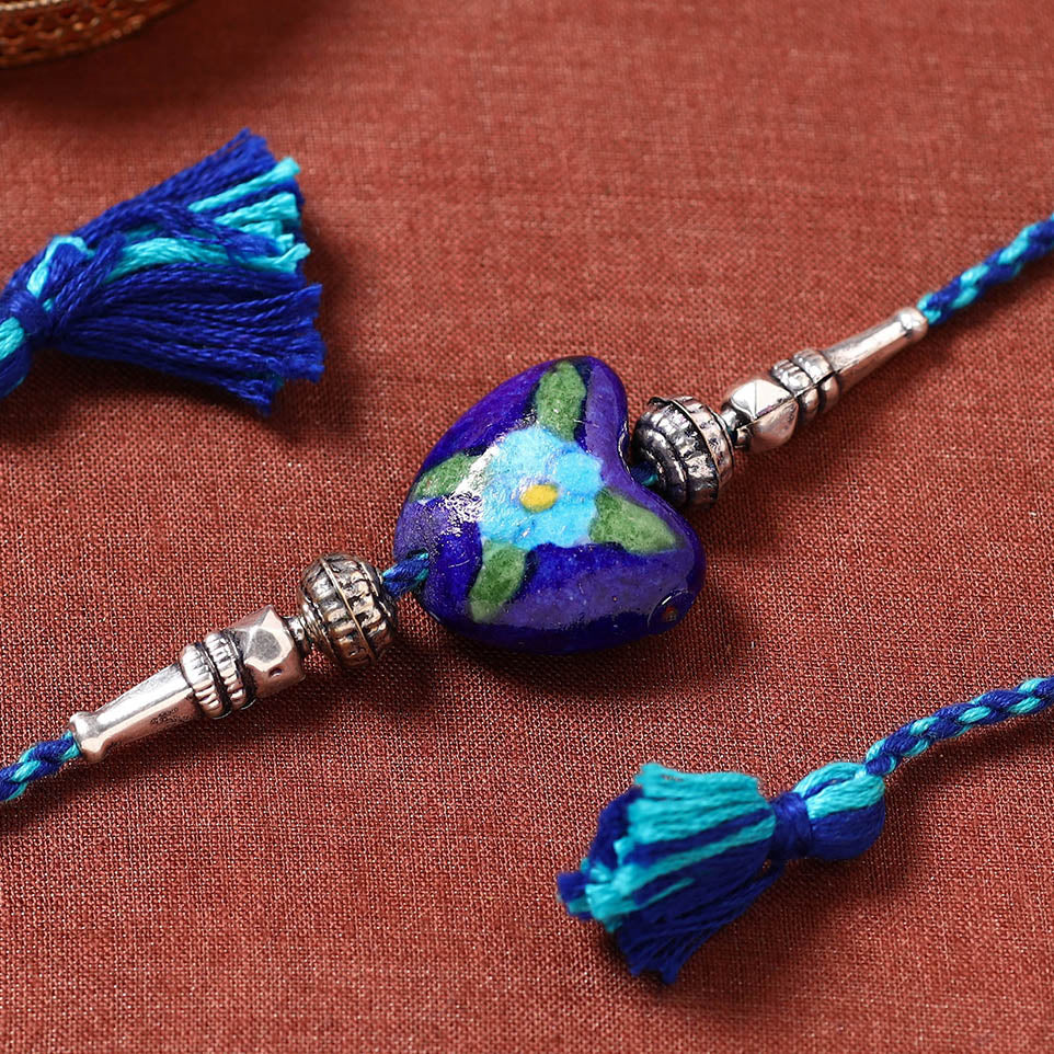 Patwa Threadwork Blue Pottery Beads Rakhi 11