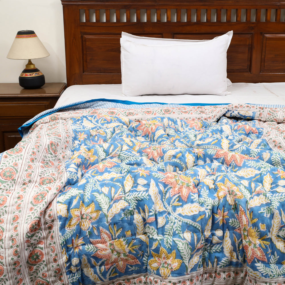 Blue - Sanganeri Reversible Single Soft Cotton Quilt/Blanket 12