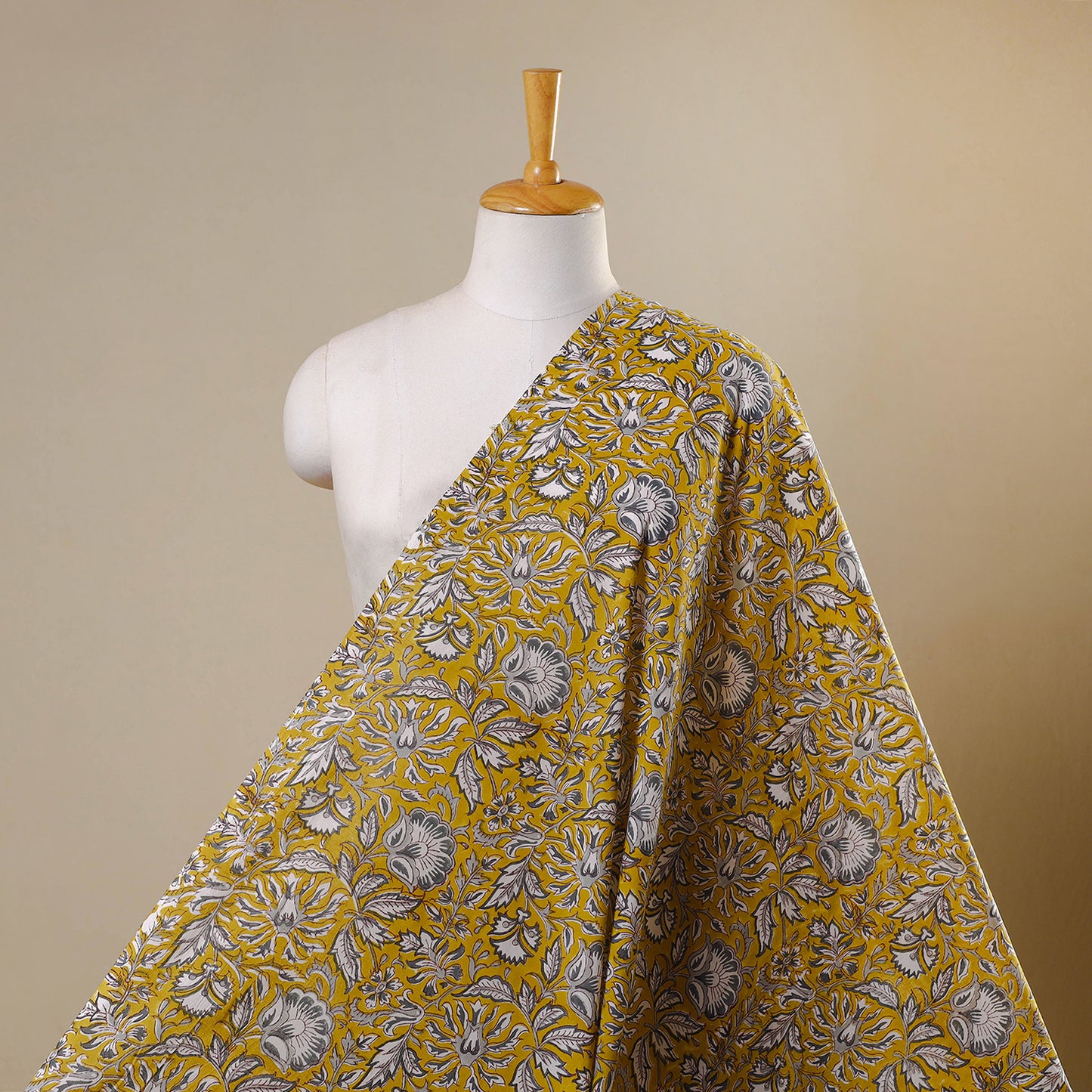 Yellow Block Print Cotton Sanganeri Fabric