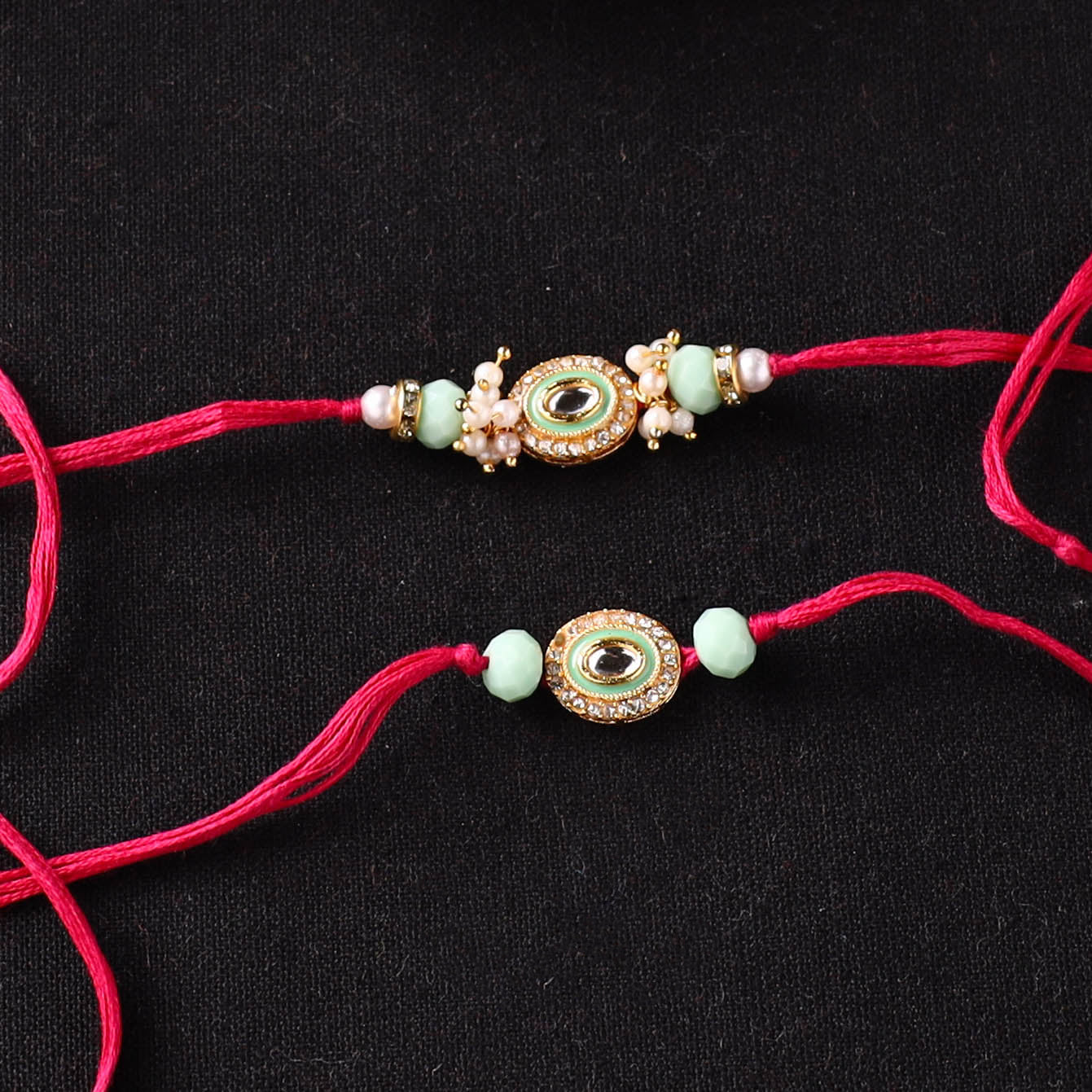 Handcrafted Kundan Beaded Bhaiya Bhabhi Rakhi Set with Potli 57