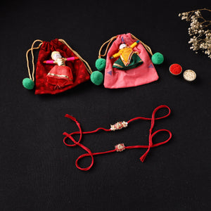 Handcrafted Meenakari Kundan Beaded Bhaiya Bhabhi Rakhi Set with Potli 62