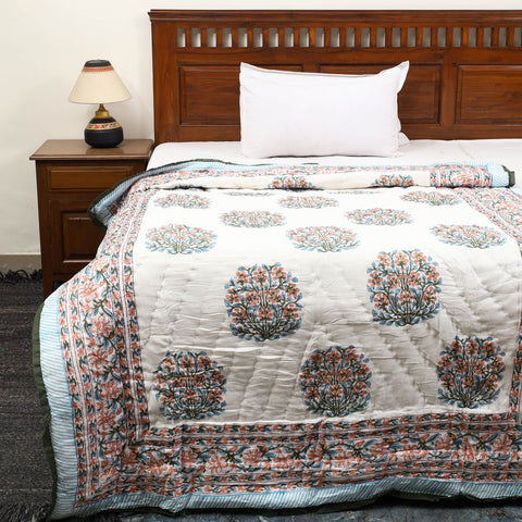 White - Sanganeri Reversible Single Soft Cotton Quilt/Blanket 17