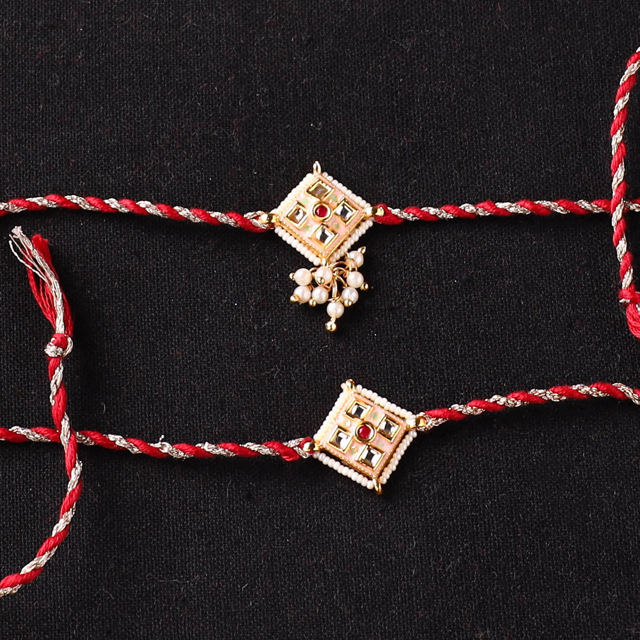 Handcrafted Kundan Beaded Bhaiya Bhabhi Rakhi Set with Potli 63