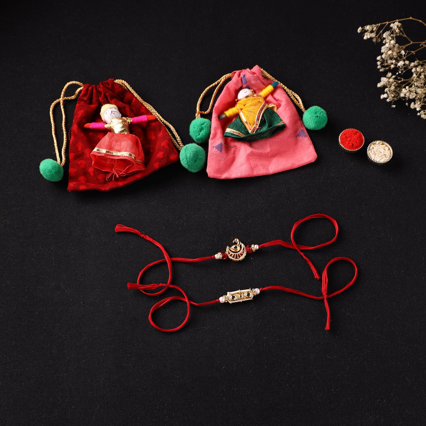 Handcrafted Kundan Beaded Bhaiya Bhabhi Rakhi Set with Potli 64