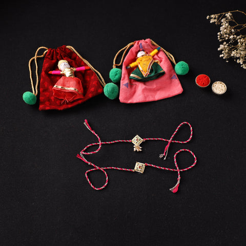 Handcrafted Kundan Beaded Bhaiya Bhabhi Rakhi Set with Potli 65