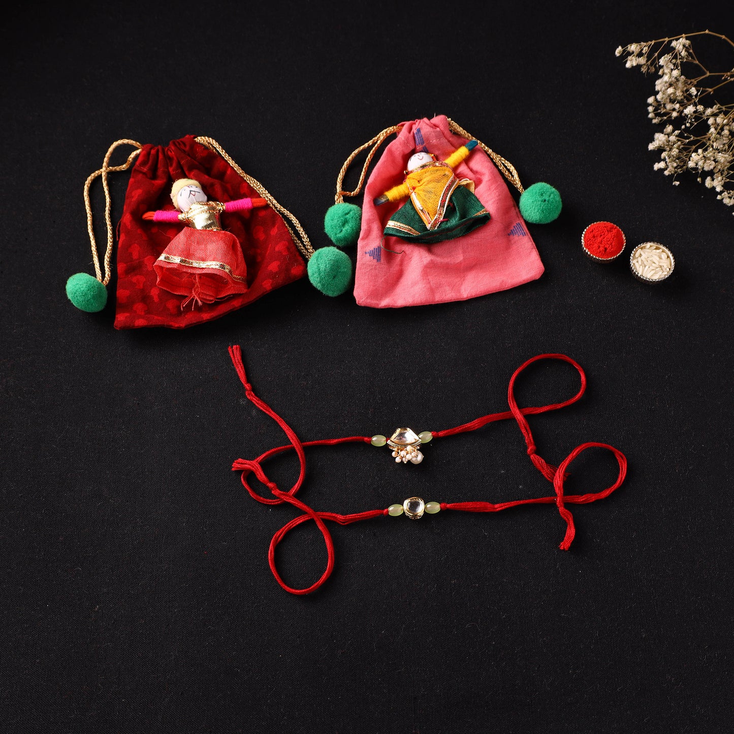 Handcrafted Kundan Beaded Bhaiya Bhabhi Rakhi Set with Potli 66