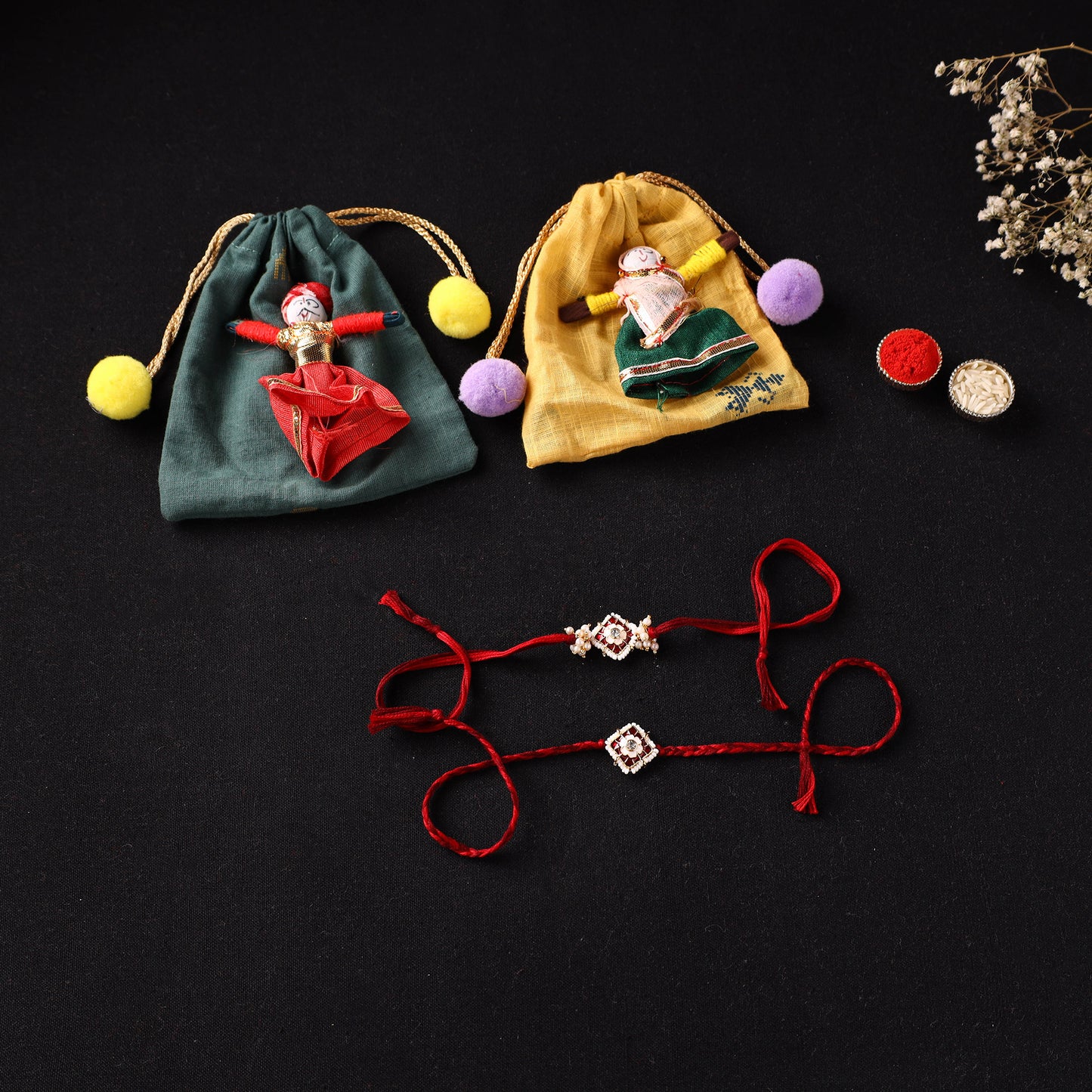 Handcrafted Kundan Beaded Bhaiya Bhabhi Rakhi Set with Potli 71