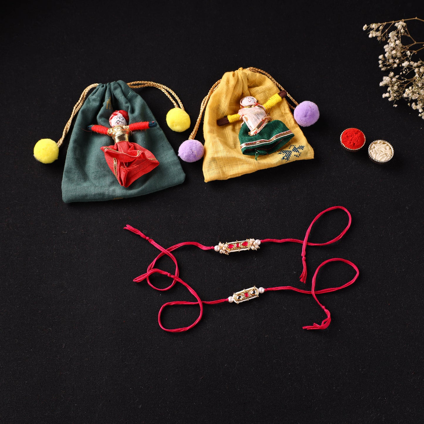 Handcrafted Kundan Beaded Bhaiya Bhabhi Rakhi Set with Potli 72