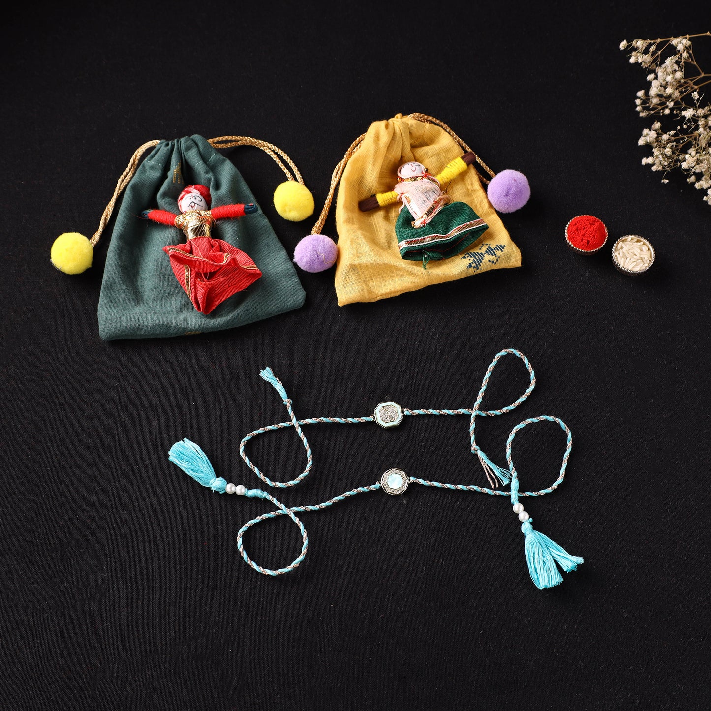 Handcrafted Kundan Bhaiya Bhabhi Rakhi Set with Potli 78